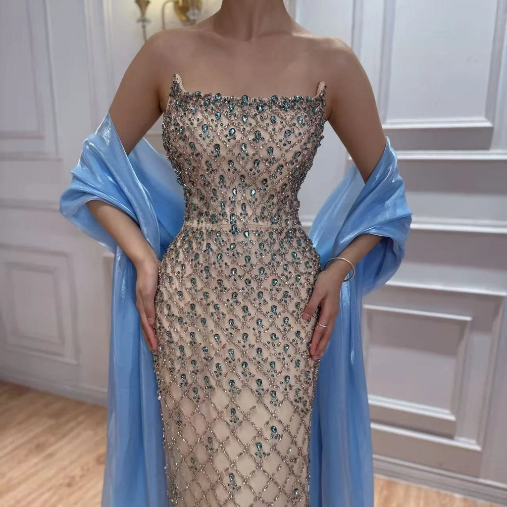 Serene Hill Luxury Beaded Blue Mermaid Glamorous Evening Party Dresses 2026 Formal Occasion Gowns for Women Customized DLA73226