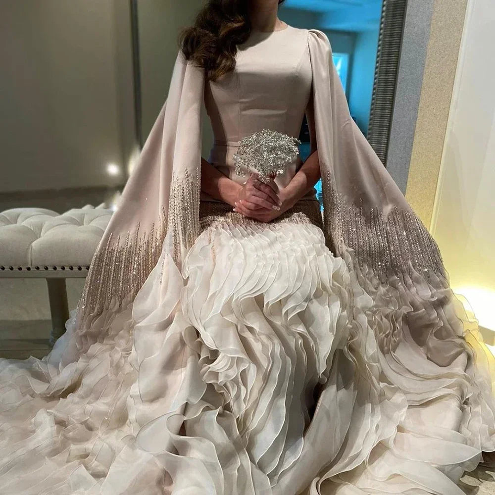 Serene Hill 2025 Champagne Mermaid Luxury Cape Sleeves Beaded Satin Saudi Evening Dresses Gowns for Party DLA72317A Customized