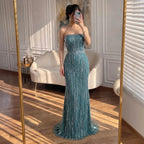 Serene Hill Turquoise Strapless Mermaid Beaded Evening Party Dresses Gowns with Gloves Customized DLA71950