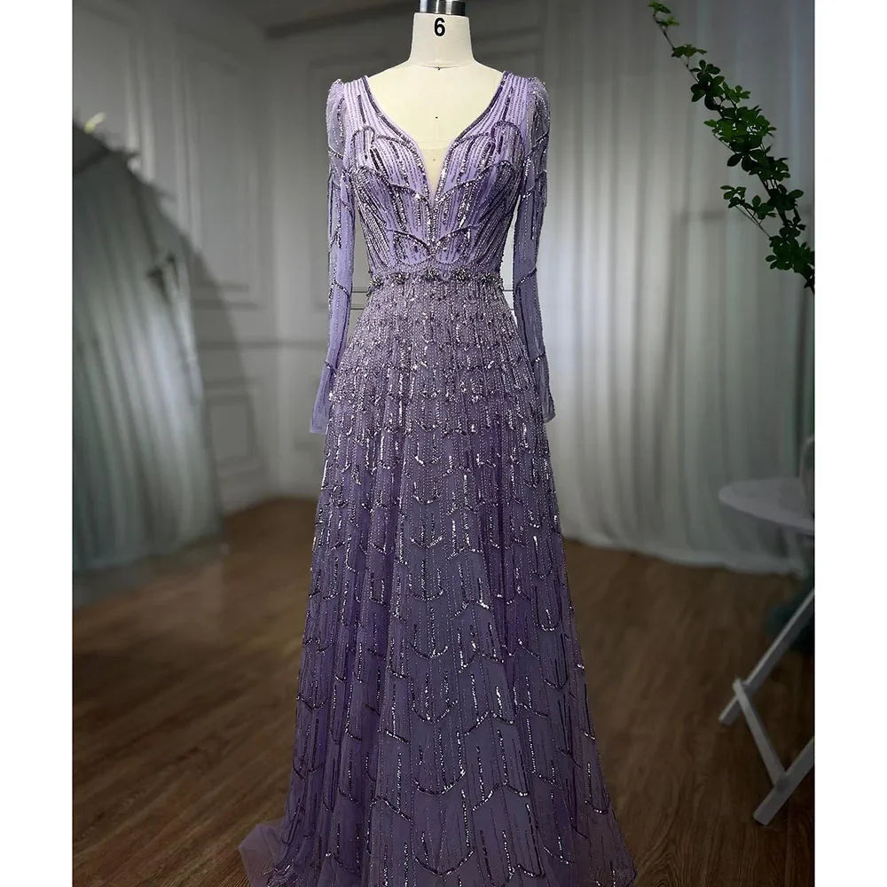 Serene Hill Customized Turquoise Muslim Long Sleeve A Line V-Neck Evening Dresses Beaded Party Gowns For Women 2025 DLA71940