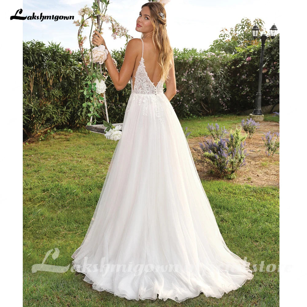 Lakshmigown Illusion Beach Wedding Dress Side Split Off Shoulder Long Sleeve Bridal Gown for Women Summer VestidoCustomized