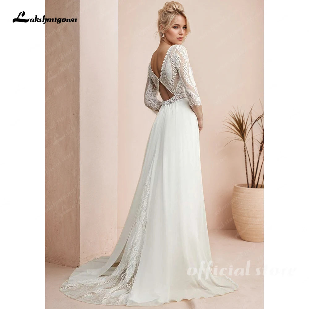 Lakshmigown Sexy Women Beach Bohemian Wedding Dresses 3/4 Sleeves Civil Chiffon Long Boho Bridal Gowns Open Back Customized