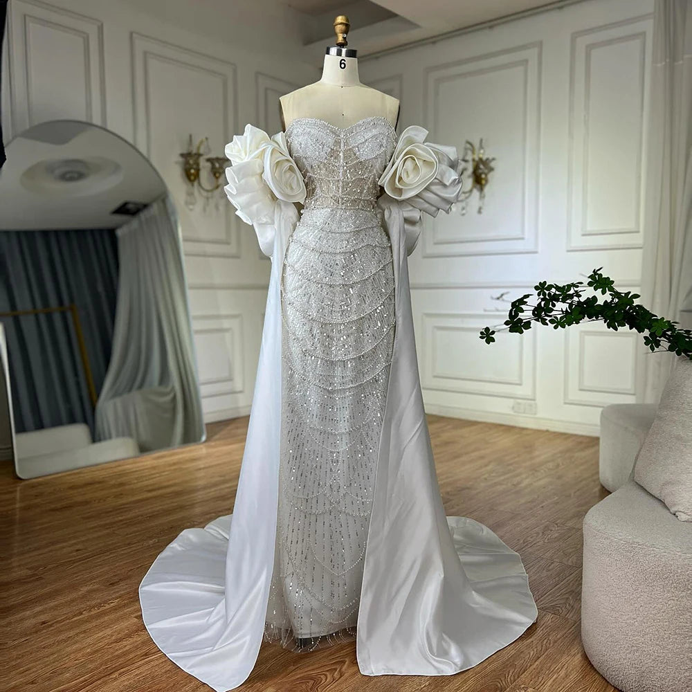 Serene Hill Red Strapless Mermaid Pearls Beaded Evening Dresses with Long Cape Wedding Party Gowns 2025 DLA72585A Customized