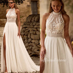 Lakshmigown Bohemian Beach Wedding Dress Open Back Lace Halter Neck High Slit A Line Chiffon Bridal Dresses Customized