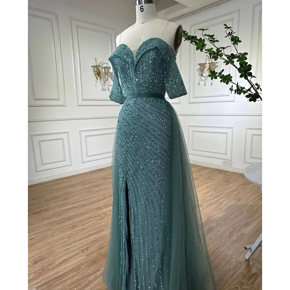Serene Hill Customized Turquoise Off Shoulder Mermaid Beaded Evening Dresses Overskirt Split Party Gowns for Women rts DLA71728