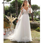 Lakshmigown Bohemian Wedding Dresses A Line Tulle Lace Appliques V Neck Long Puff Sleeves Backless Vestidos De Novia Customized