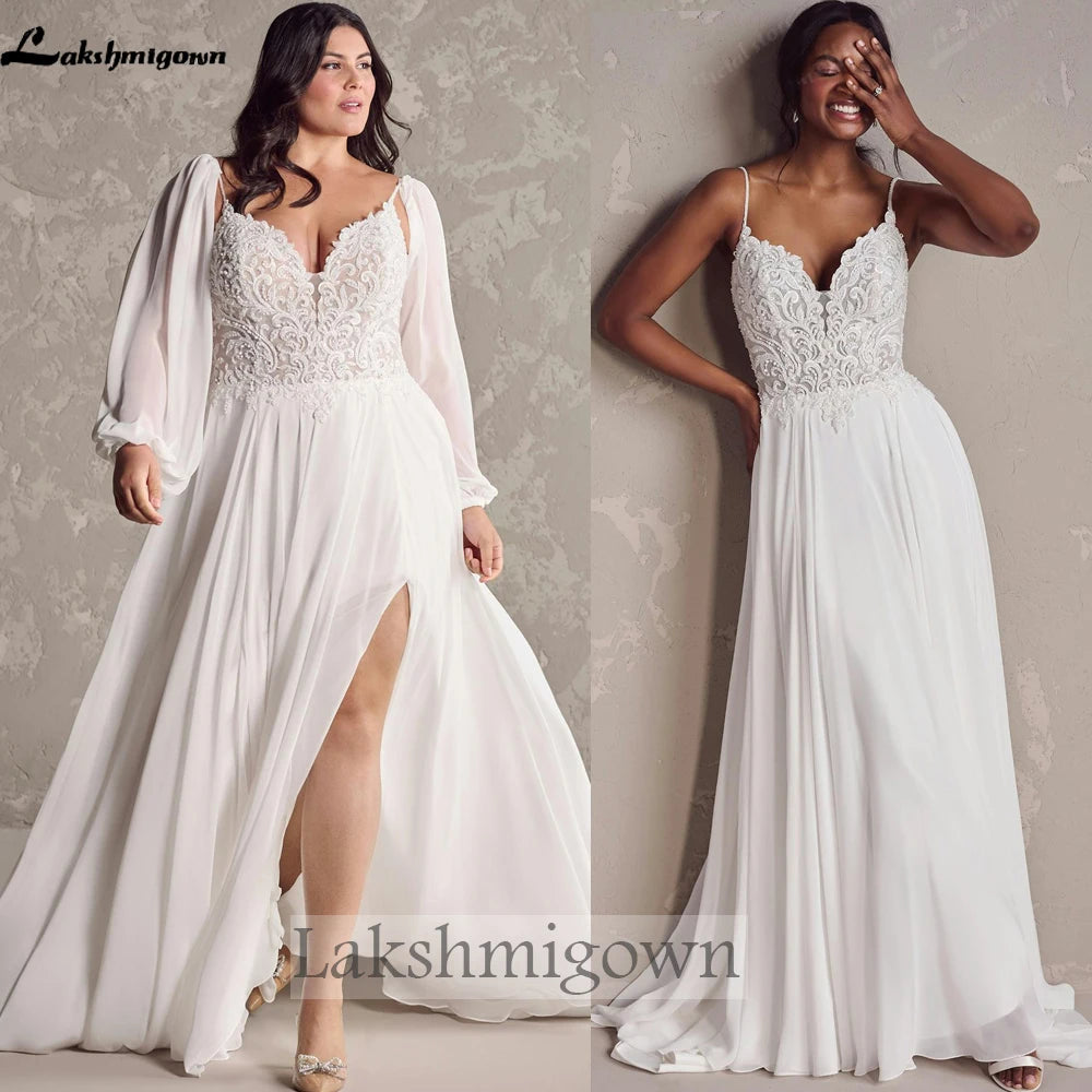 Lakshmigown Spaghetti Strap Beads Lace Wedding Gown Plus Size Chiffon Boho Wedding Dresses with Detachable Sleeve Customized