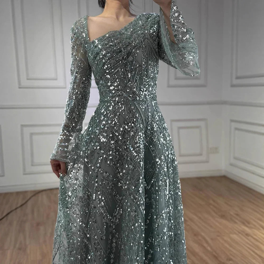 Serene Hill Turquoise Long Sleeves A Line Pearls Beaded Evening Dresses Elegant Party Gowns for Women DLA73177 Customized