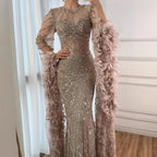 Serene Hill Pink Luxury Beaded Mermaid Evening Dress Gowns with Feathers for Formal Occasion Customized DLA72708A