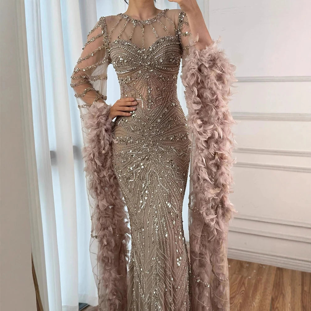 Serene Hill Pink Luxury Beaded Mermaid Evening Dress Gowns with Feathers for Formal Occasion Customized DLA72708A