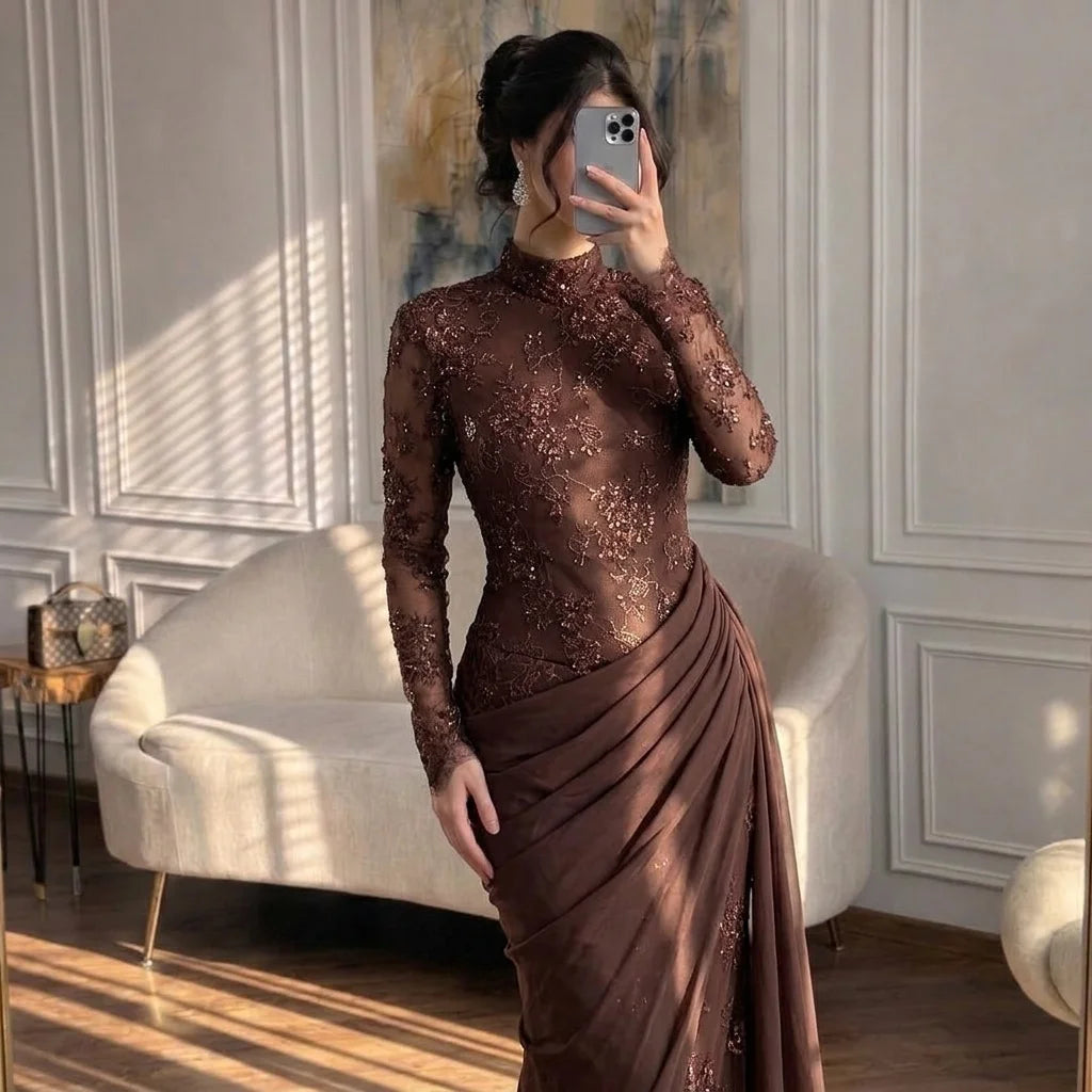 Serene Hill Customized Wine Red Mermaid Evening Dresses with Wrap Skirt High-End Lace Formal Party Gowns for Women DLA73407