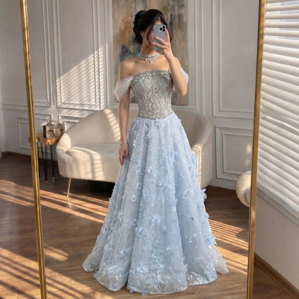 Serene Hill Blue A-Line Evening Dress Beaded 3D Floral Appliques Off Shoulder for Women Wedding Party 2026 Customized DLA73580