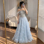 Serene Hill Blue A-Line Evening Dress Beaded 3D Floral Appliques Off Shoulder for Women Wedding Party 2026 Customized DLA73580