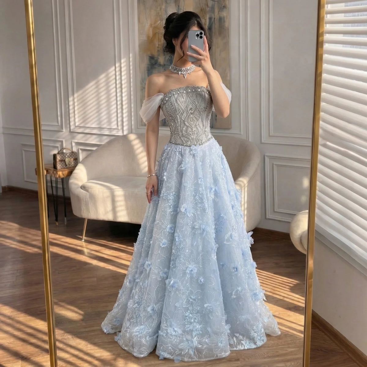 Serene Hill Blue A-Line Evening Dress Beaded 3D Floral Appliques Off Shoulder for Women Wedding Party 2026 Customized DLA73580