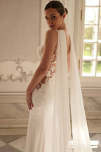 Lakshmigown Scoop-neck Ruched Wedding Gown with Shawel Charming Mermaid Lace Appliques Spaghetti Strap Bridal Dresses Customized