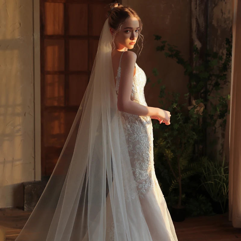 V393 One layer Bridal Veil - White Long Train Wedding Tulle Headpiece for Brides With Comb