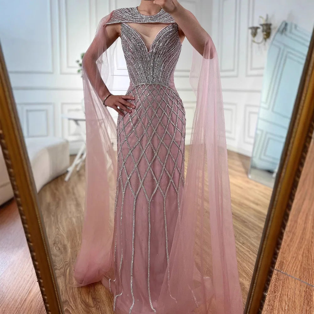 Abito da sera sirena con perline e mantella color nude lussuoso LA72814