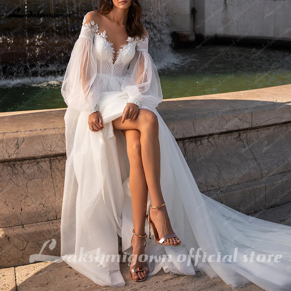 Lakshmigown Puffy Long Sleeves Women Wedding Dresses 2025 New Sexy Deep-V A-Line Bridal Gowns Plus Size Customized