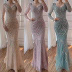 Serene Hill Pink V-neck Long Sleeves Mermaid Luxury Beaded Evening Dress 2026 Wedding Party Gowns DLA73191 Customized