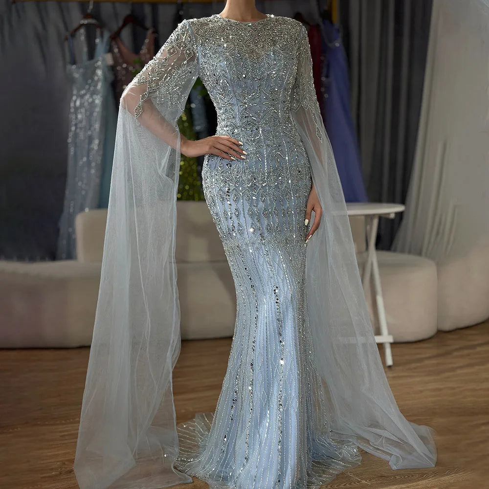 Caramel Mermaid Beaded Evening Dresses with Cape Sleeve Elegant Party Gowns for Women DLA72775 Customized | Nightbubo