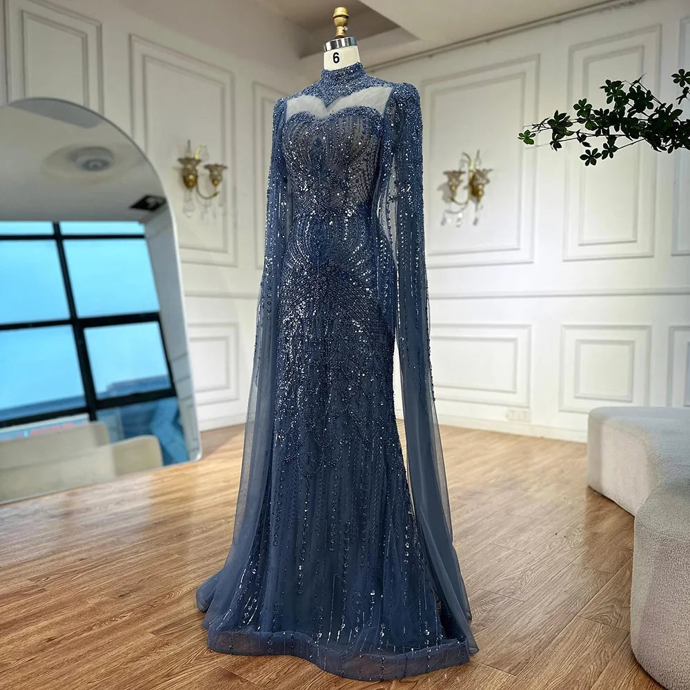 Abito da sera modesto lussuoso blu sirena con mantella LA73006