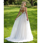 Lakshmigown Bohemian Spaghetti Straps A-Line Wedding Dress Lace Appliques V-Neck Tulle Open Back Bridal Dress Customized