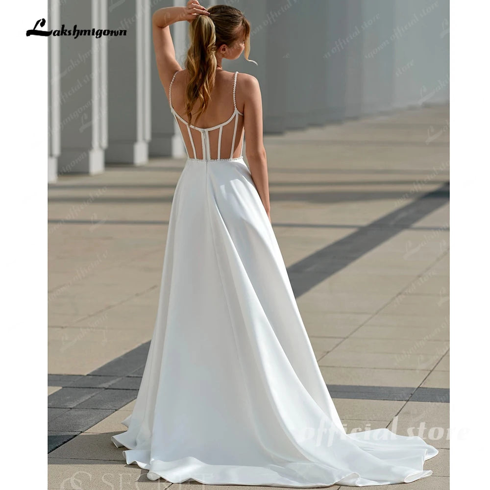 Lakshmigown Modern Wedding Dress Spaghetti Straps High Slit Sweep Train Satin Bridal Gown for Bride Customized