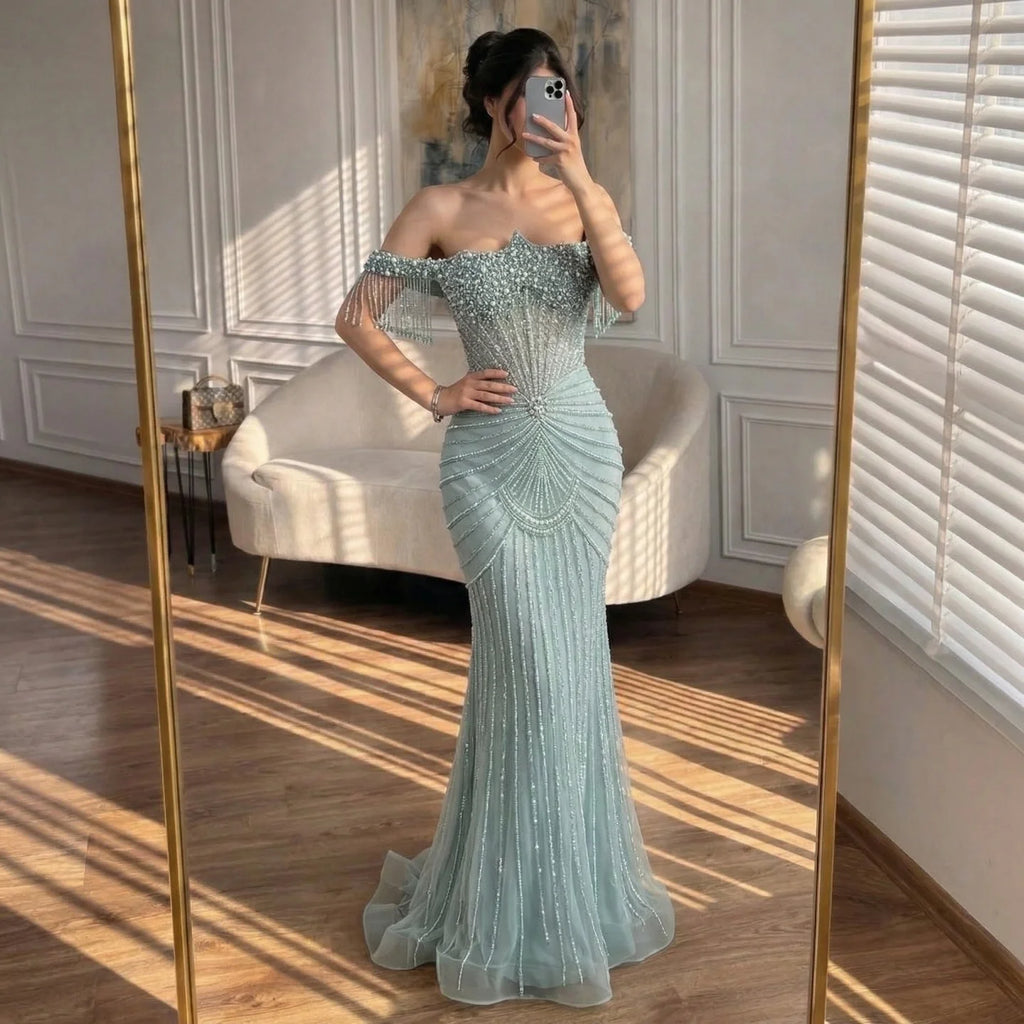 Serene Hill Red Mermaid Beaded Pearl Off-Shoulder Evening Gown 2026 High End Couture Party Dress for Women Customized DLA73148A