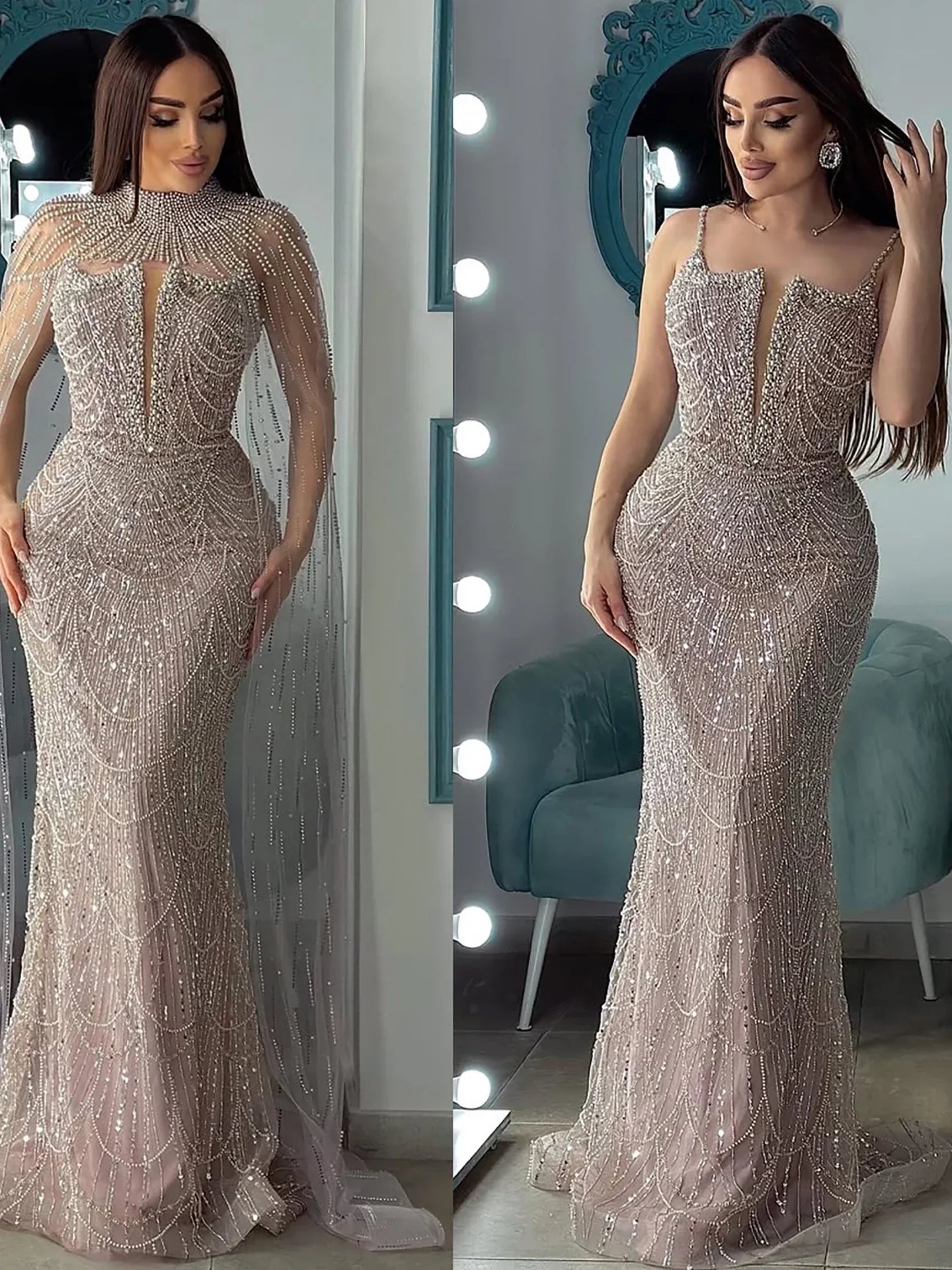 Abito da Sera di Lusso Perle Nude Abito Ricamato con Cristalli e Strascico in Tulle LA72189A