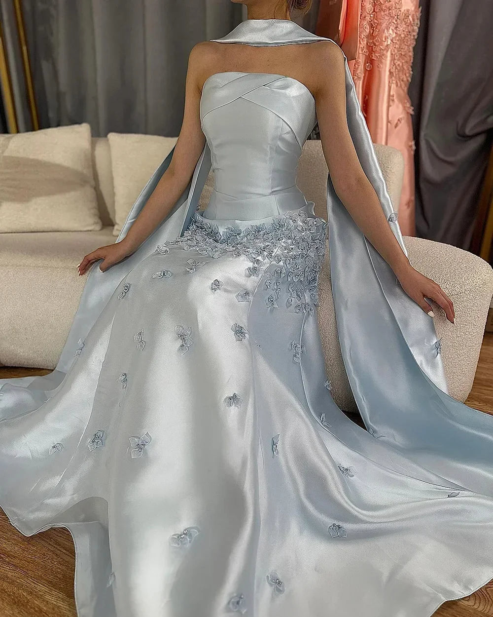 Serene Hil Baby Blue Satin Mermaid Dubai Evening Dress Appliques Formal Party Gowns for Women DLA72483A Customized