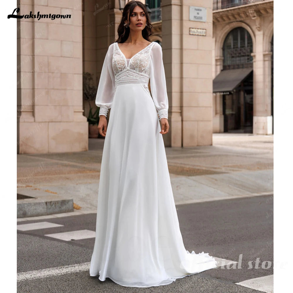 Lakshmigown Beach Wedding Dresses with Dectach Puffy Long Sleeve Vestito Donna Sexy Chiffon Boho Bridal Gowns Customized