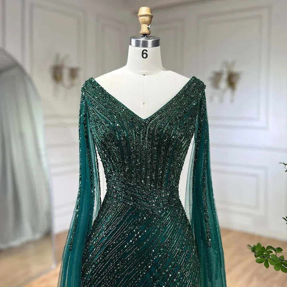 Serene Hill Black Mermaid Cape Sleeves Feathers Beaded Evening Dresses Party Gowns with Split for Women DLA72216 Customized