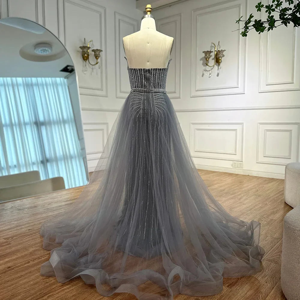 Abito da sera sirena con perle rosa, perline e sopragonna in stile arabo LA72811B