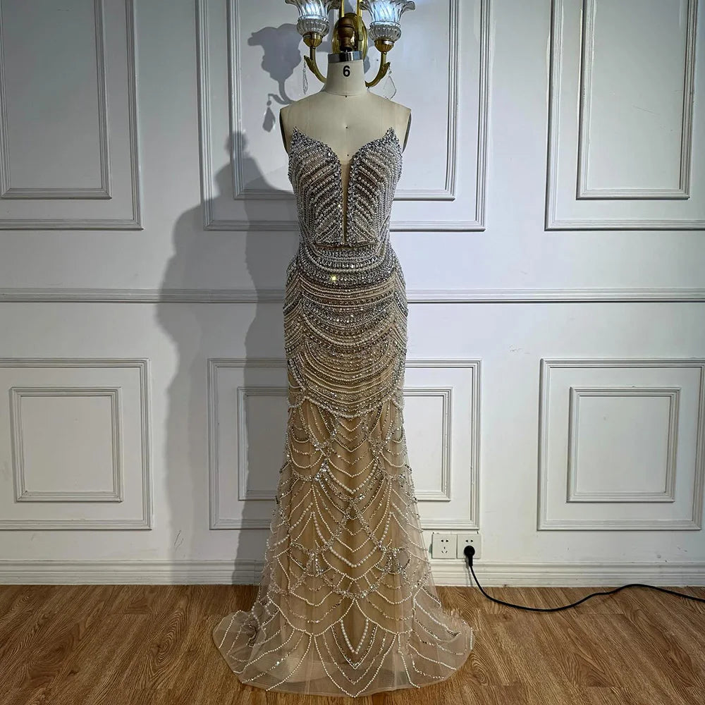 Serene Hill Mermaid Beaded Pearls Evening Gala Dresses 2026 High End Strapless Party Gowns Robe De Soiree DLA72900 Customized