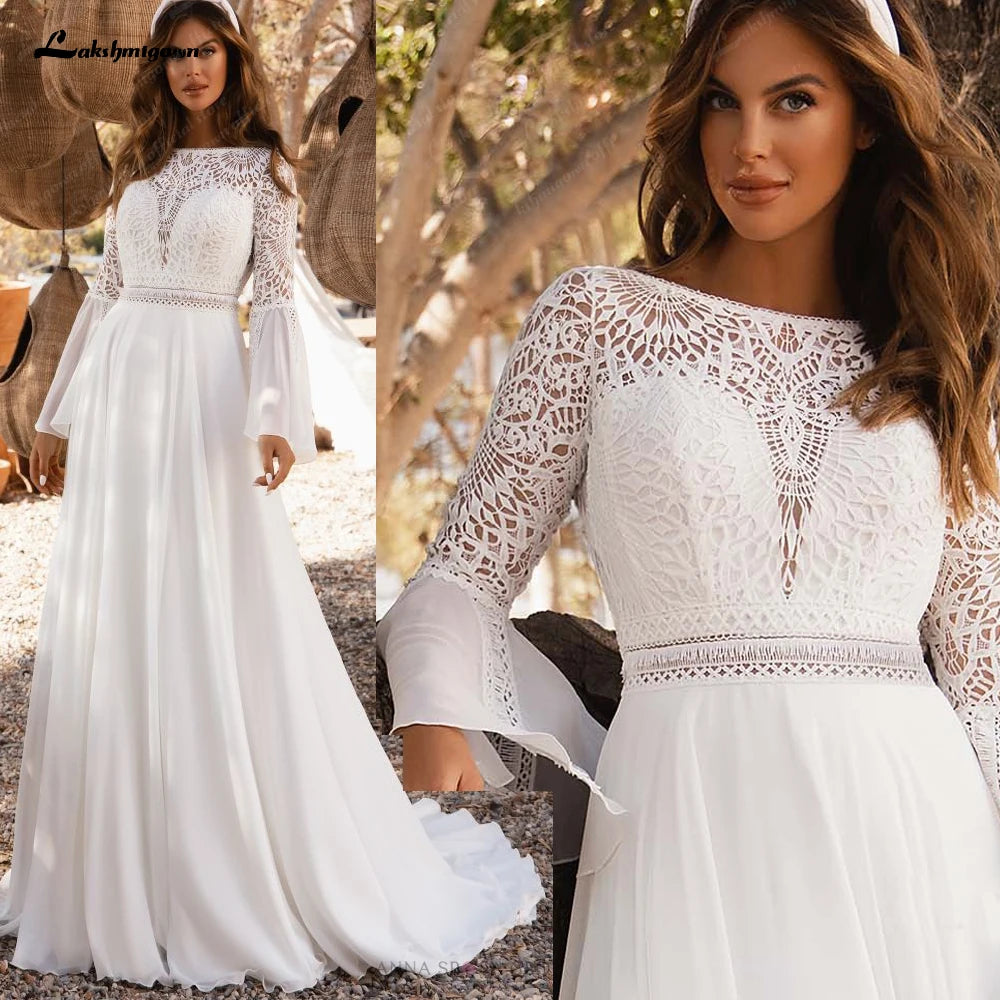 Lakshmigown Bohemian Wedding Dresses 2026 Flare Sleeve Boat Neck Lace Backless Chiffon A Line Boho Bridal Gown