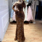 Serene Hill Brown Lace Evening Gown Elegant Mermaid Ruched Slim Fit Party Dress for Women DLA73484 Customized