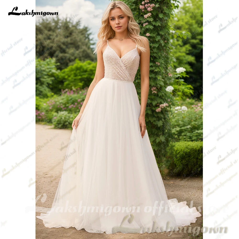 Lakshmigown Beach Boho Wedding Dress Tulle A-Line Floor Length Spaghetti Straps Sleeveless Classic V-Neck Bridal Gown Customized