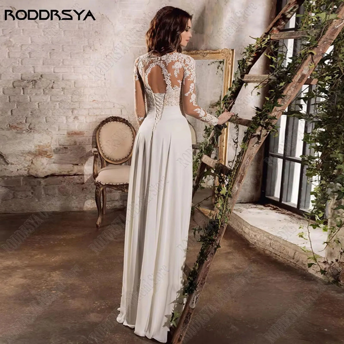 RODDRSYA Wedding Dress Chiffon A line Split Long Sleeve Appliques V Neck Boho Bridal Gowns Backless vestidos de novia Customized