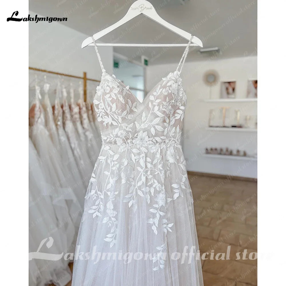 Lakshmigown Summer Split Side Lace Appliques V Neck Wedding Dress for Women Spaghetti Straps Bridal Gown Abito Da Sposa