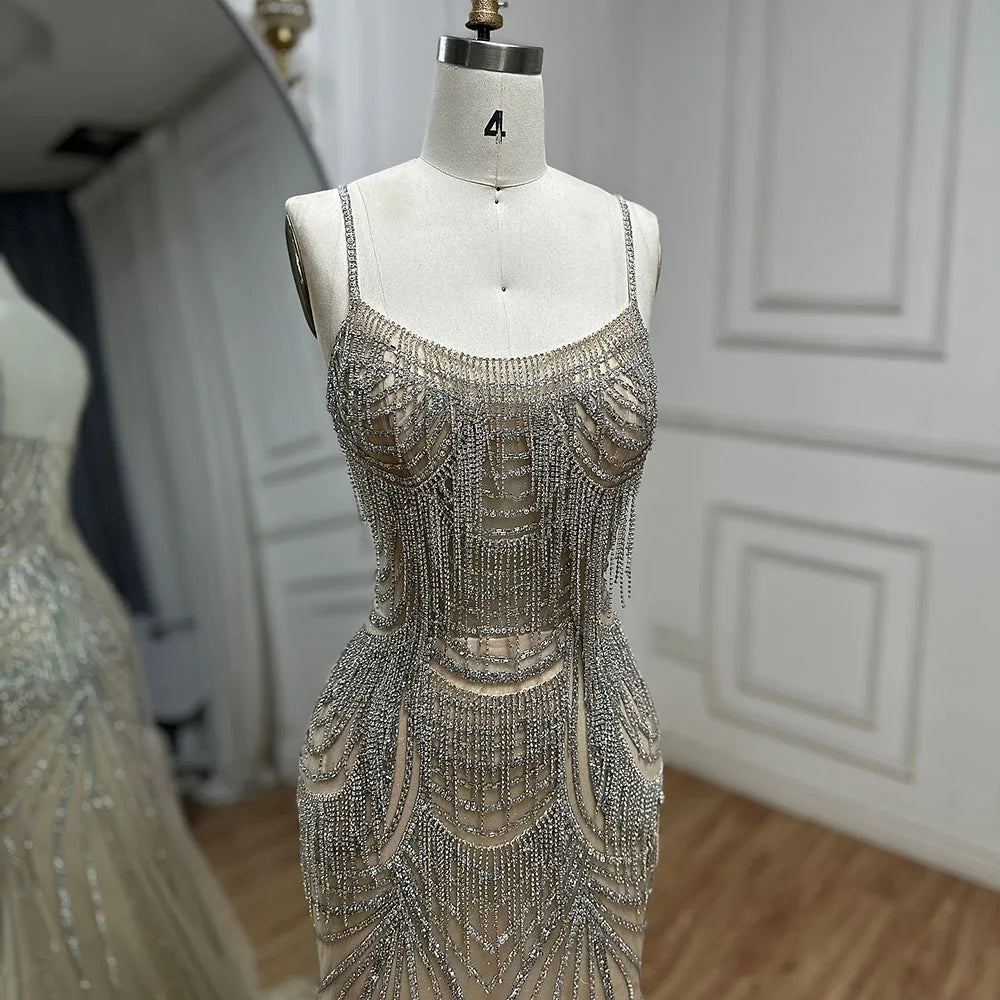 Robe de soirée sirène luxueuse en cristal rose nude avec franges LA72772