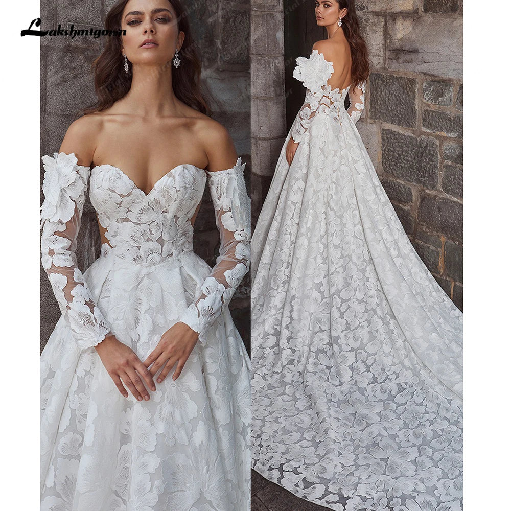 Lakshmigown Luxury Wedding Dress for Woman Bride Ivory Lace A Line Wedding Gowns With Sleeves Bridal Dres Customized