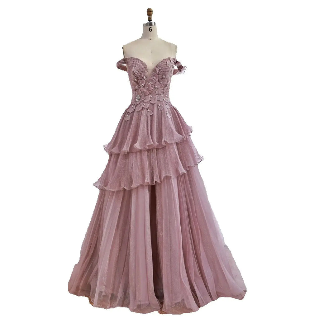 Abito da sera a linea A con balze sognanti, perline e colore rosa lusso LA73385