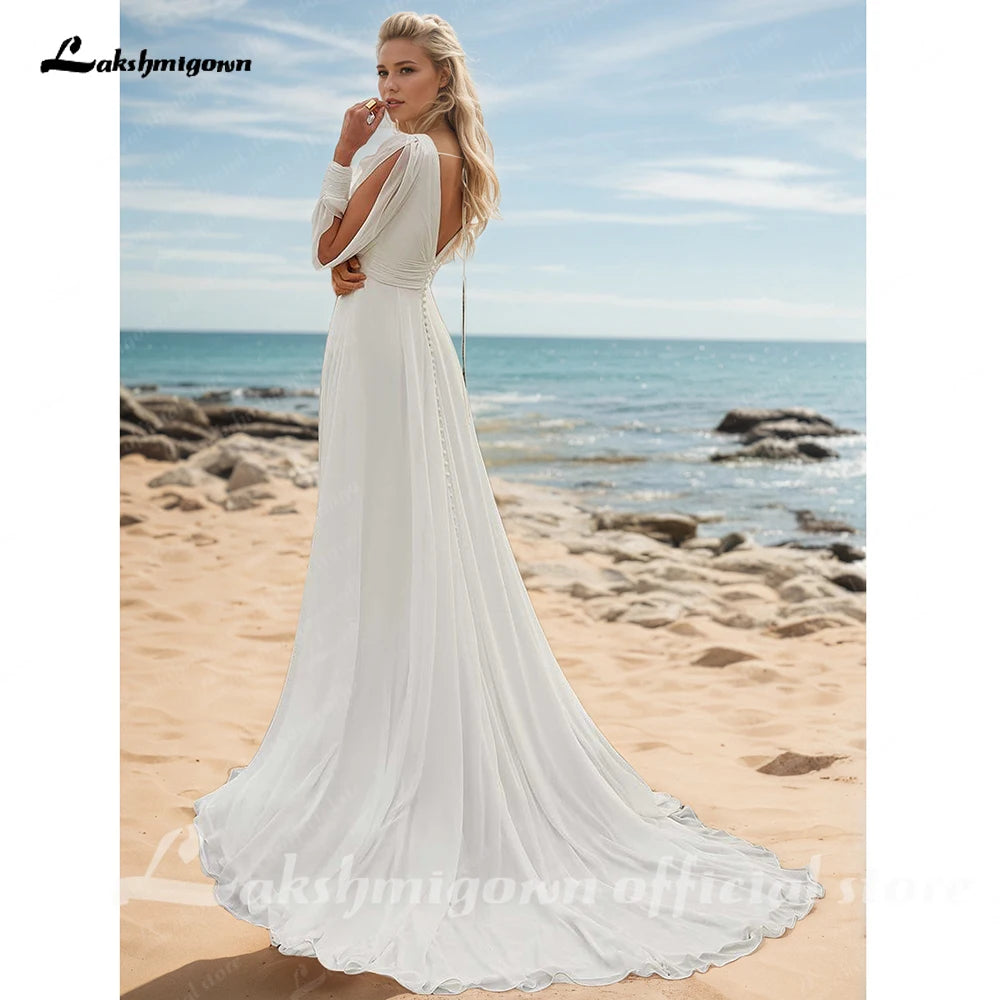 Lakshmigown Simple V-Neck Chiffon Wedding Dress Sexy Side Slit A-Line Pleat Bridal Long Sleeves Open Back Bohemia Customized