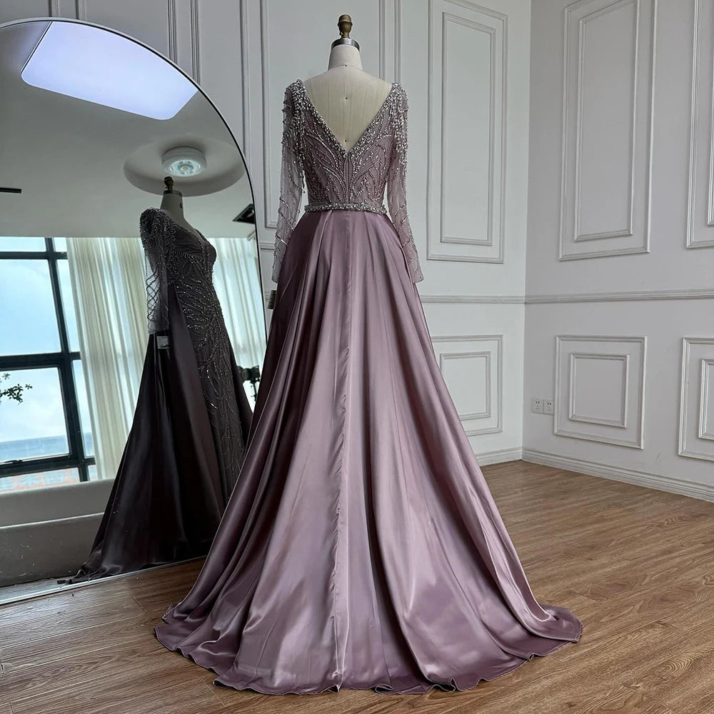 Serene Hill Customized 2026 High-end Beaded Blue Long Sleeves Evening Dress with Overskirt Satin Party Gowns for Women DLA72963