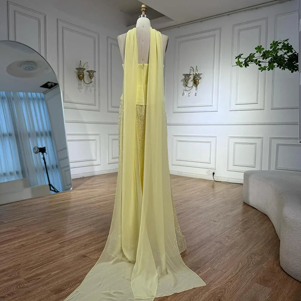 Vestido de Noite de Sereia em Chiffão Amarelo de Luxo com Capa LA73007