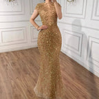 Serene Hill Silver 2026 High Neck Cap Sleeve Mermaid Evening Dress Luxury Beaded Party Gowns Vestidos Customized DLA73221