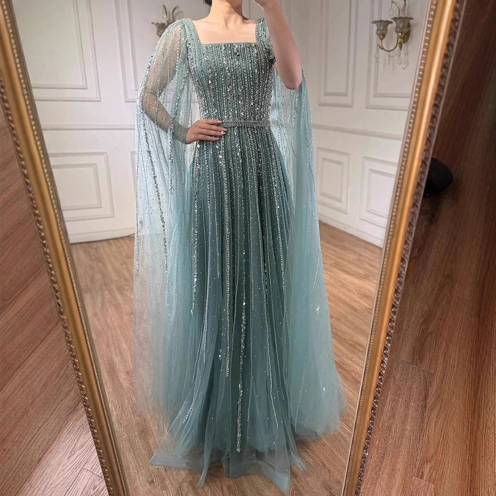 Serene Hill Turquoise Square Collar Beaded Evening Dress with Cape Sleeves Dubai Pary Gowns for Women DLA73188 Customized
