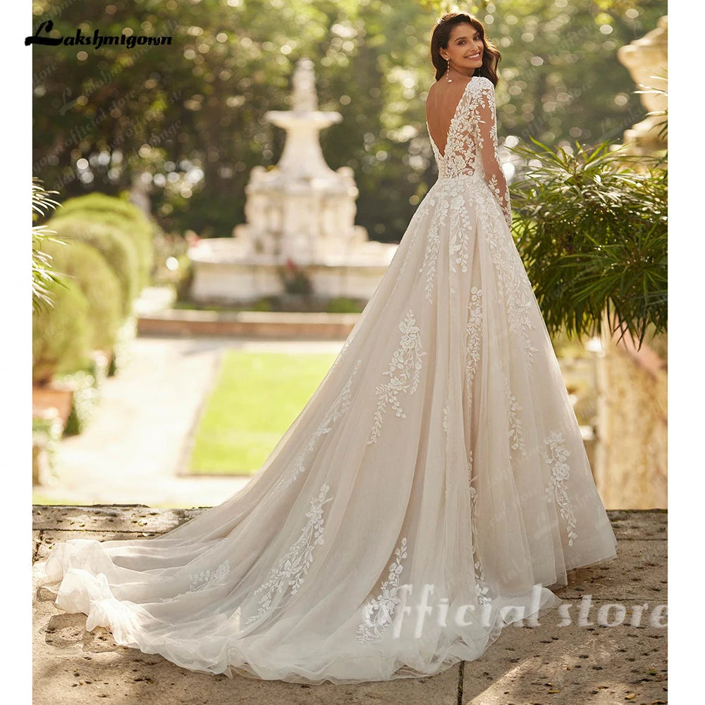 Lakshmigown Princess Long Sleeve Wedding Dresses 2026 V-Neck Lace Appliques Tulle Floor Length Bridal Gowns  Customized