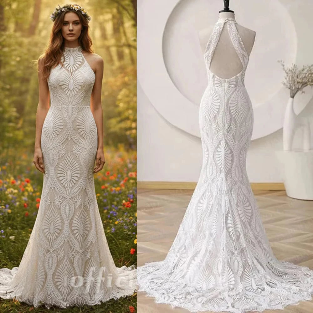 Lakshmigown Bohemian Wedding Dress for bride 2026 Halter Lace Boho Backless Beach Wedding Gown Vestido de novia Customized