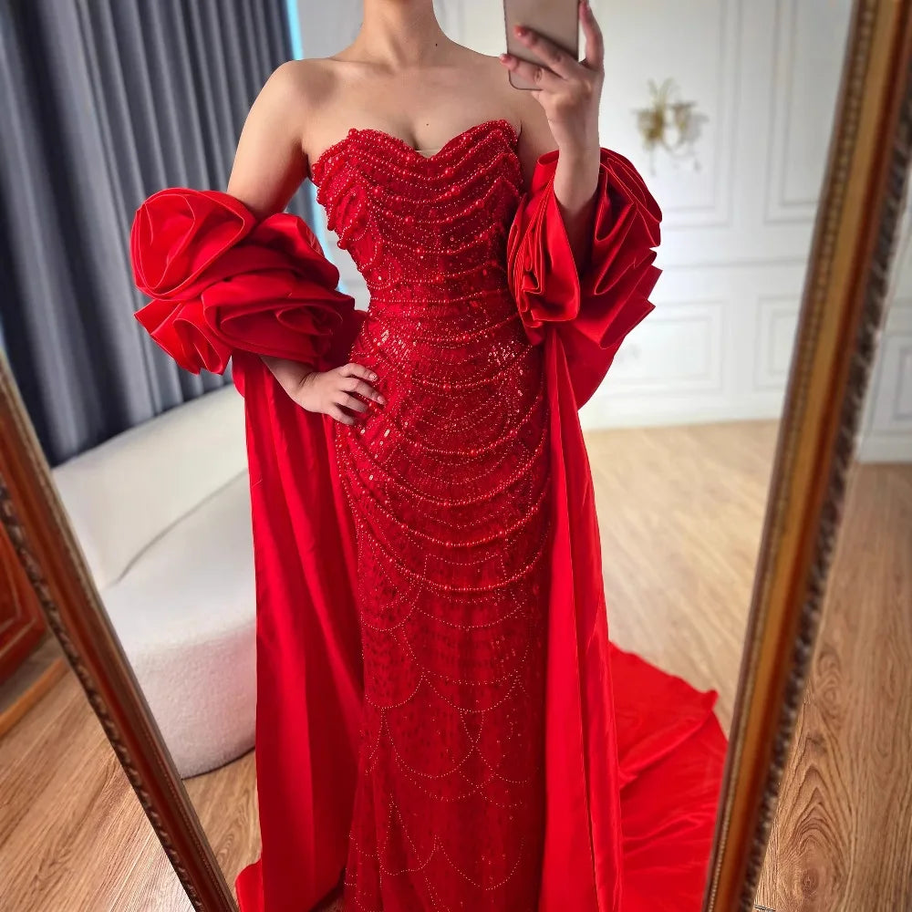 Serene Hill Red Strapless Mermaid Pearls Beaded Evening Dresses with Long Cape Wedding Party Gowns 2025 DLA72585A Customized